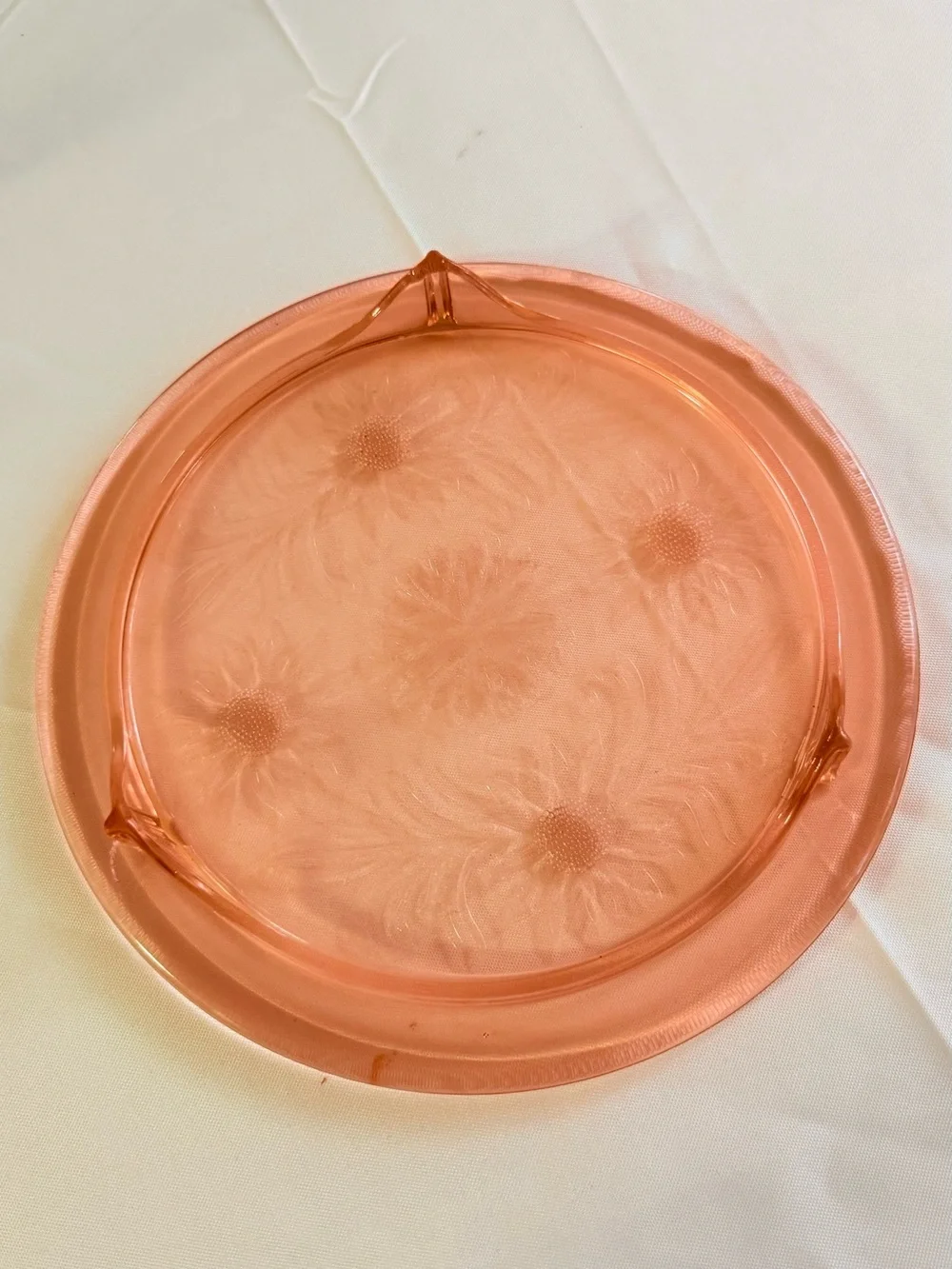 Vtg Jennette Sunflower, pink footed cake plate Glass 10